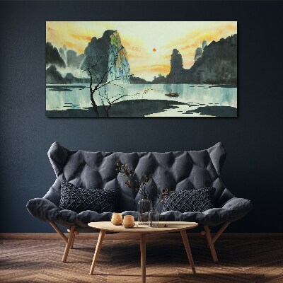 Vászonkép Békés táj hegyekkel és csónakkal