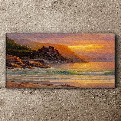 Vászonkép Naplemente a hegy partján