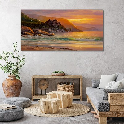 Vászonkép Naplemente a hegy partján