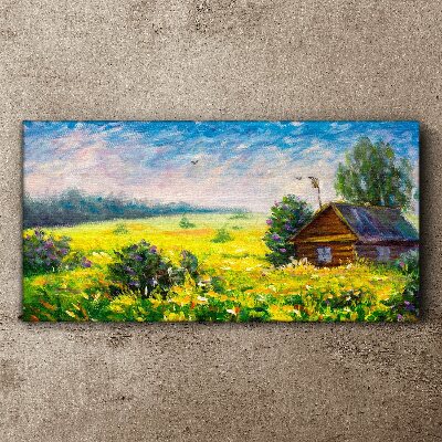 Vászonkép Nyári tájak egy kunyhóval a mezőn