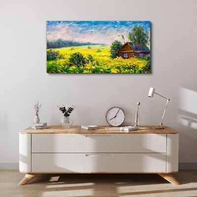 Vászonkép Nyári tájak egy kunyhóval a mezőn