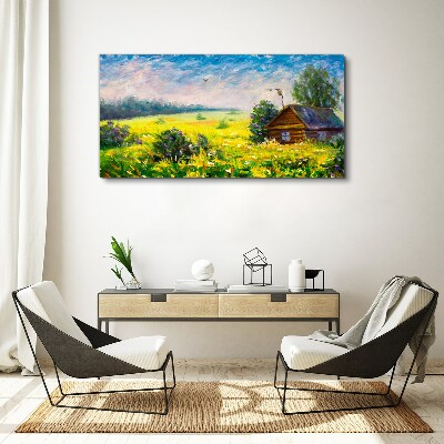 Vászonkép Nyári tájak egy kunyhóval a mezőn