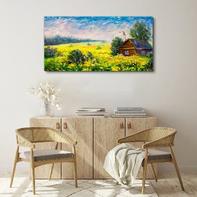 Vászonkép Nyári tájak egy kunyhóval a mezőn