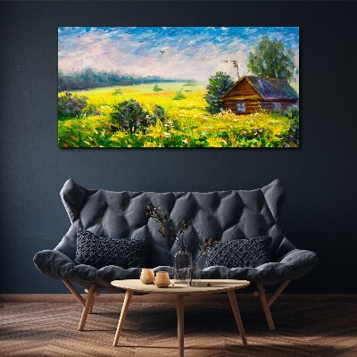 Vászonkép Nyári tájak egy kunyhóval a mezőn