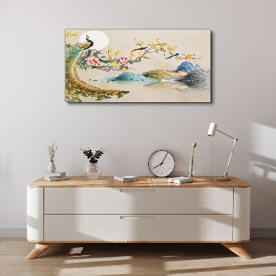 Vászonkép Páva virágzó tájban