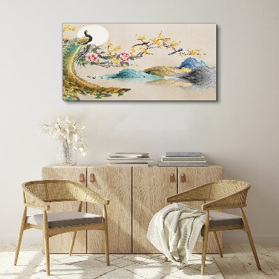 Vászonkép Páva virágzó tájban