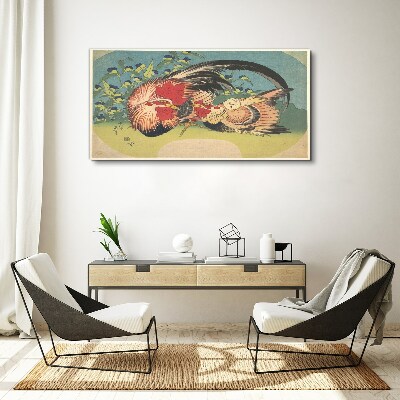 Vászonkép Kakas és csirke a kertben