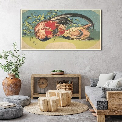 Vászonkép Kakas és csirke a kertben