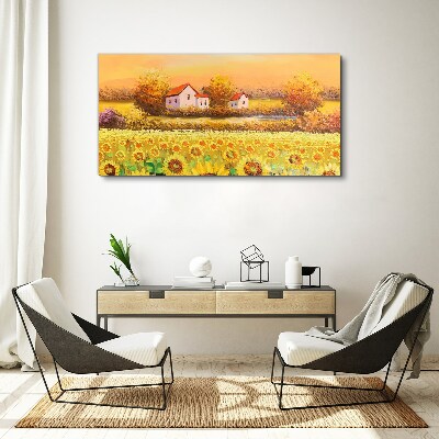 Vászonkép Napraforgó mezők és falusi házak