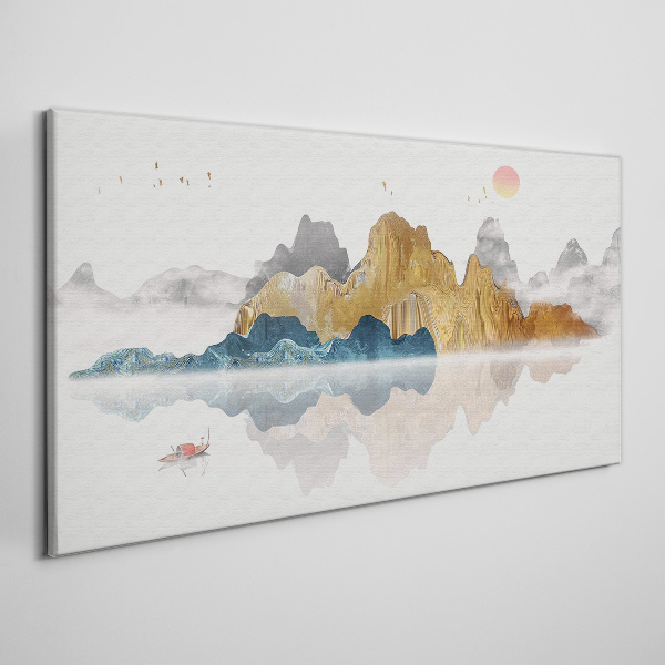 Vászonkép Békés hegyi táj csónakkal