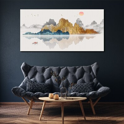 Vászonkép Békés hegyi táj csónakkal