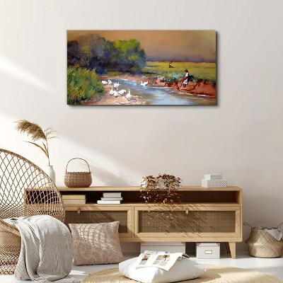 Vászonkép Nyugodt táj kacsákkal a folyó mellett