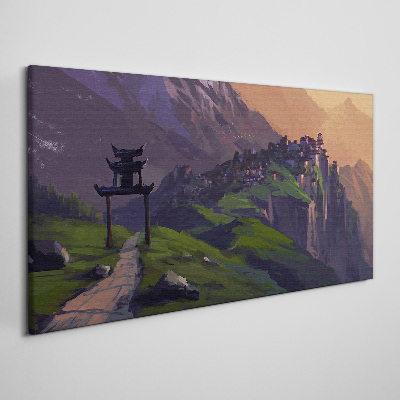 Vászonkép Ködös hegyi táj pagodával