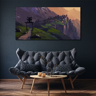 Vászonkép Ködös hegyi táj pagodával