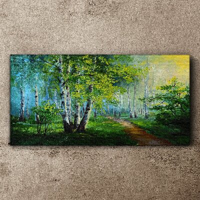 Vászonkép Zöld erdő a reggeli ködben