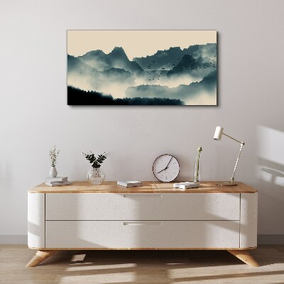 Vászonkép Ködös hegyi táj madarak