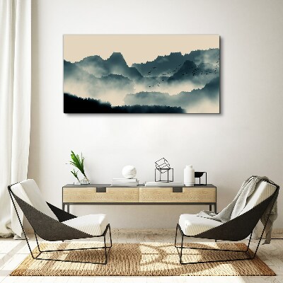 Vászonkép Ködös hegyi táj madarak