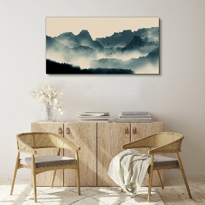 Vászonkép Ködös hegyi táj madarak