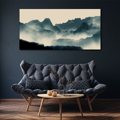Vászonkép Ködös hegyi táj madarak