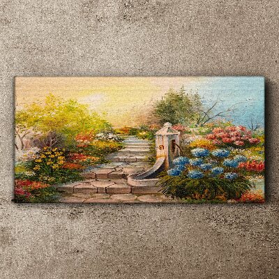 Vászonkép Virágos kert szökőkúttal