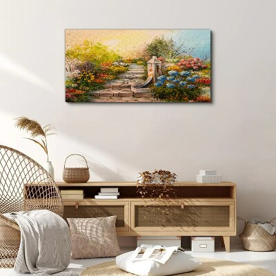 Vászonkép Virágos kert szökőkúttal