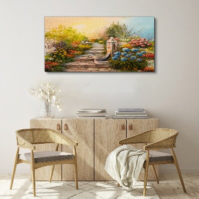 Vászonkép Virágos kert szökőkúttal