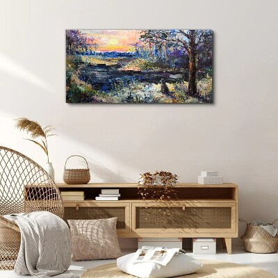 Vászonkép Naplemente a tó felett