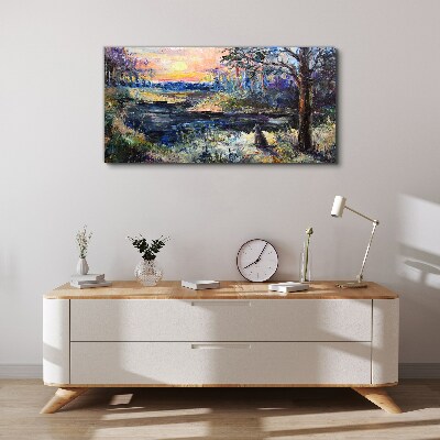 Vászonkép Naplemente a tó felett