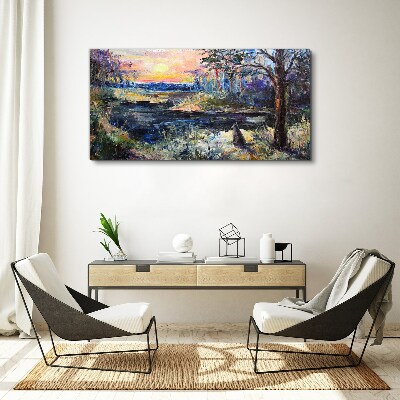 Vászonkép Naplemente a tó felett