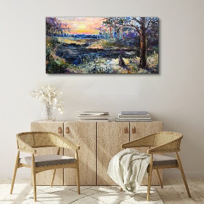 Vászonkép Naplemente a tó felett