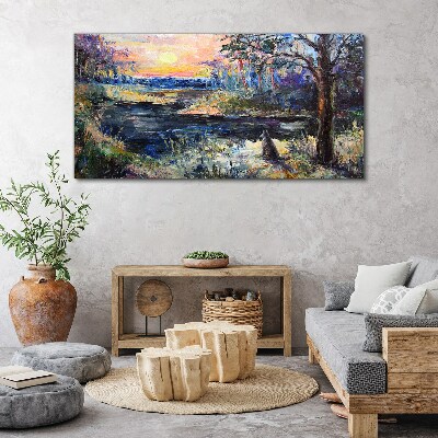 Vászonkép Naplemente a tó felett