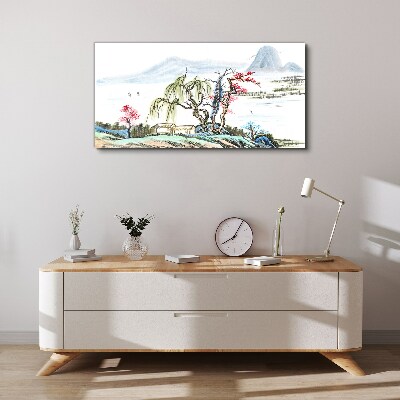 Vászonkép Békés táj fákkal és házzal