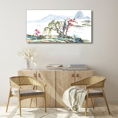 Vászonkép Békés táj fákkal és házzal