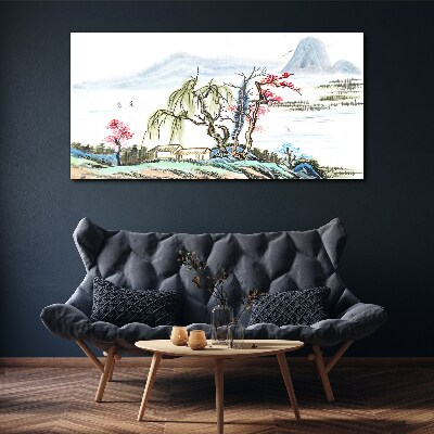 Vászonkép Békés táj fákkal és házzal