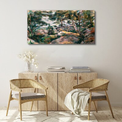 Vászonkép Köves táj fák között