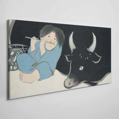 Vászonkép Gyermekkor szarvasmarhával