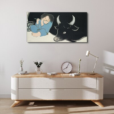 Vászonkép Gyermekkor szarvasmarhával