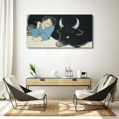 Vászonkép Gyermekkor szarvasmarhával