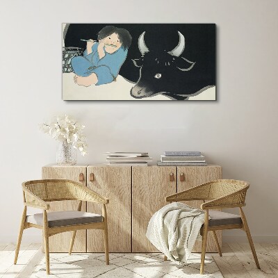 Vászonkép Gyermekkor szarvasmarhával