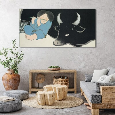 Vászonkép Gyermekkor szarvasmarhával