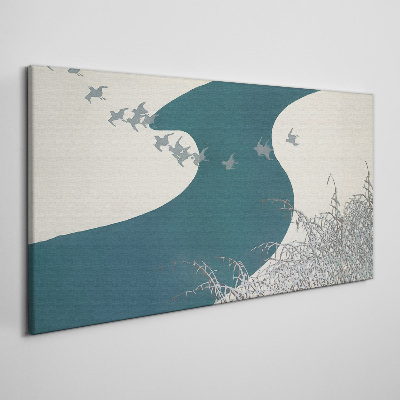 Vászonkép Nyugodt folyó, elrepülő madarakkal