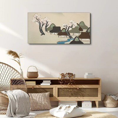 Vászonkép Békés táj házakkal és fákkal