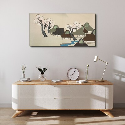 Vászonkép Békés táj házakkal és fákkal