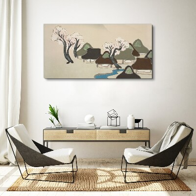 Vászonkép Békés táj házakkal és fákkal