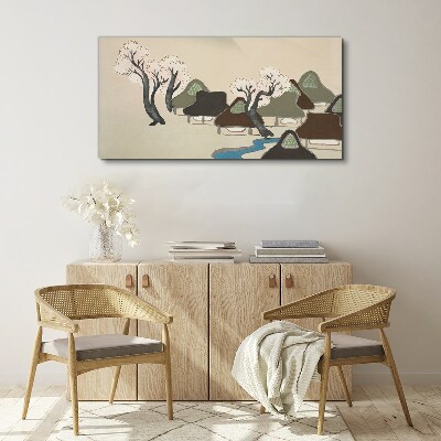 Vászonkép Békés táj házakkal és fákkal