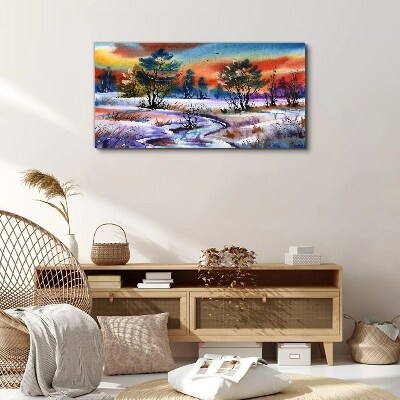 Vászonkép Téli táj szivárvány színeiben