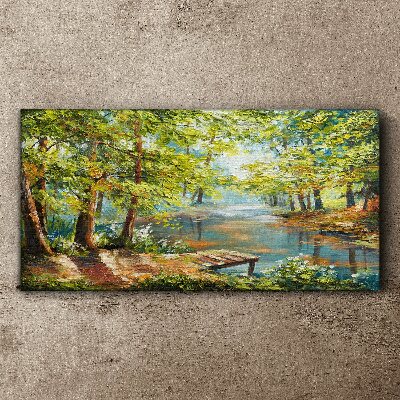 Vászonkép Békés erdei táj a tó mellett