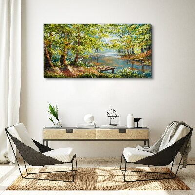 Vászonkép Békés erdei táj a tó mellett