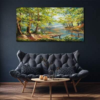 Vászonkép Békés erdei táj a tó mellett