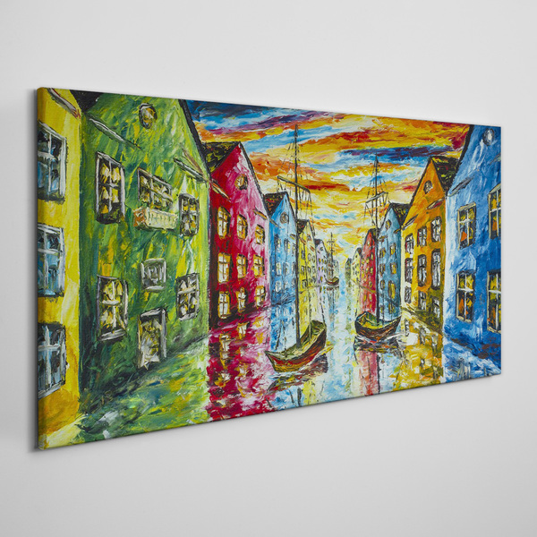 Vászonkép Színes sorházak a folyó mellett